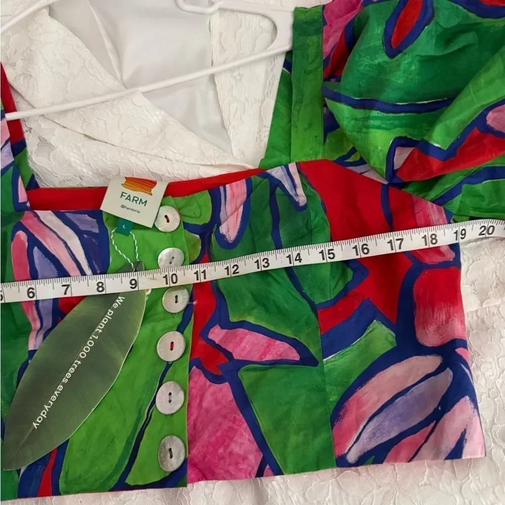 New FARM Rio Tropical Bunch Crop Green Multicolor Puff Sleeve Blouse